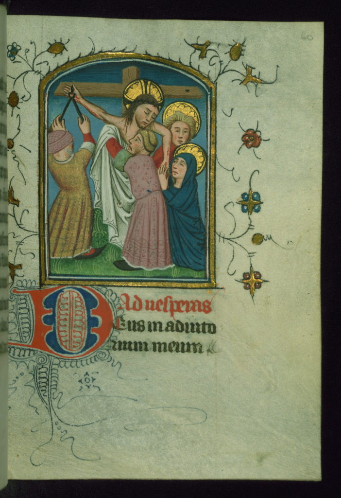 A manuscript miniature of Jesus being taken down from the Cross.