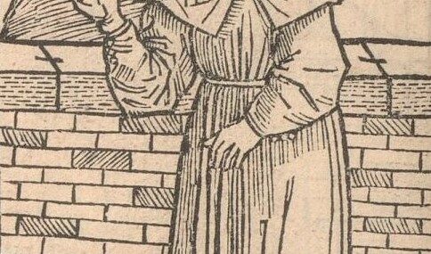 a woodcut of a woman with a headcovering standing in front of a half-height wall