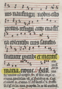 A page of medieval music, with the words "et maritis maria" highlighted