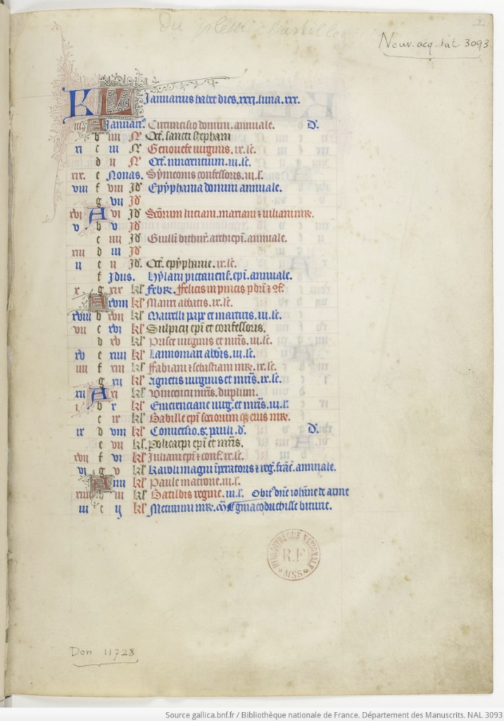 An image of a medieval calendar page with entries written in blue, red, pink, and black