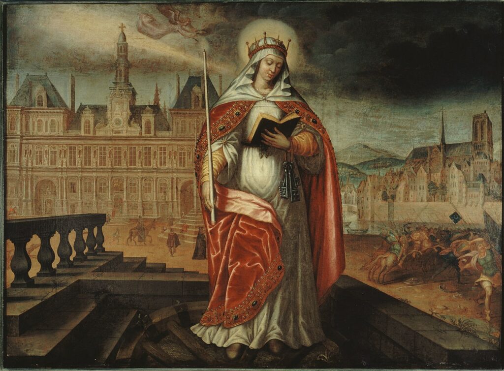 A female saint stands on a rooftop, reading from an open book and holding a long candle. A seventeeth-century cityscape is in the background.