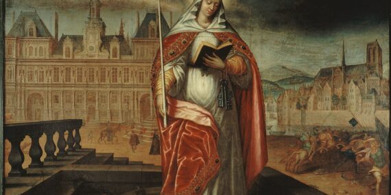 A female saint stands on a rooftop, reading from an open book and holding a long candle. A seventeeth-century cityscape is in the background.