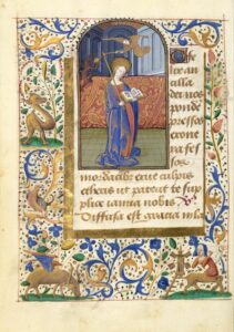 A manuscript illumination of a female saint, holding an open book with a very long candle