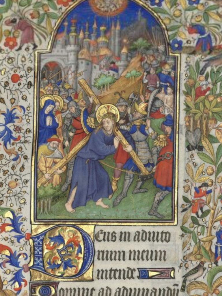 Jesus carrying the cross surrounded by a crowd