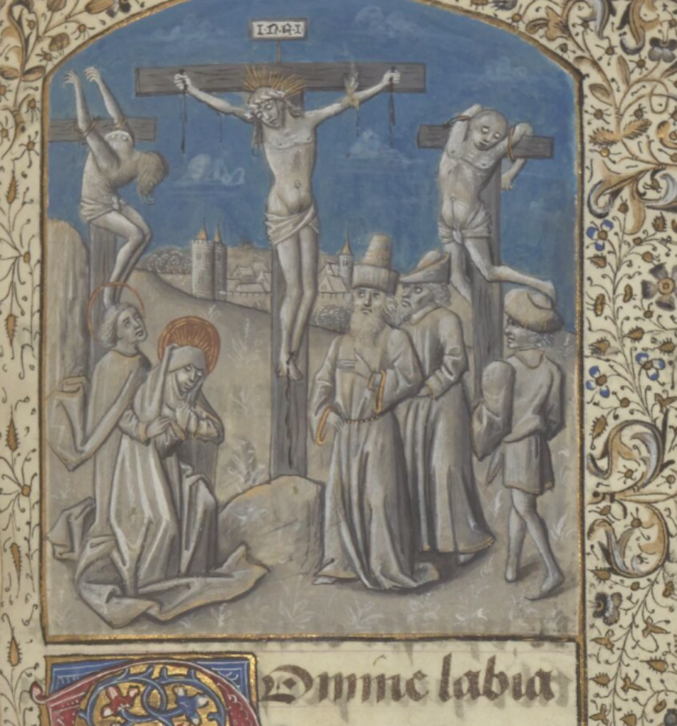 Jesus on the cross with the two thieves behind him and a crowd on the ground